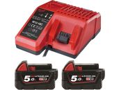 Milwaukee M12-18 C Oplader og 2 stk M18 B5 Red Lithium-Ion 5,0 Ah MILWAUKEEPAKKE9